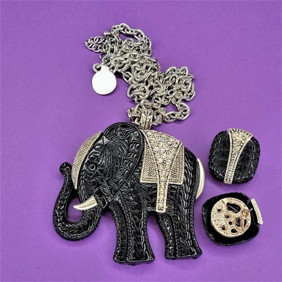 Rhinestone Black Elephant Pendant Necklace with matching Earrings - Picture 3 of 6